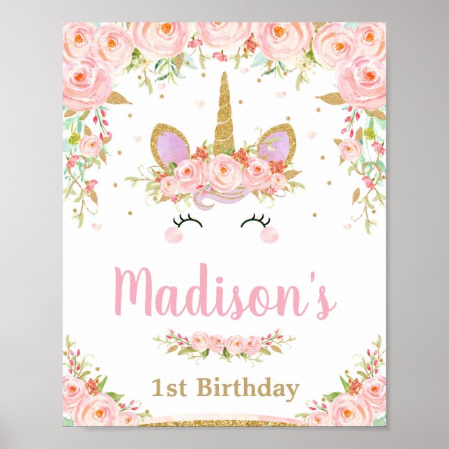 Poster Unicorn 1er anniversaire fête rose Floral Bienvenu (Devant)