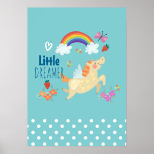 Poster Unicorn Arc-en-ciel nuages et fleurs Petit Dreamer