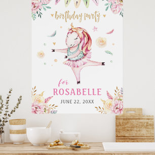 Poster Unicorn Ballerina Rose Floral fête d'anniversaire