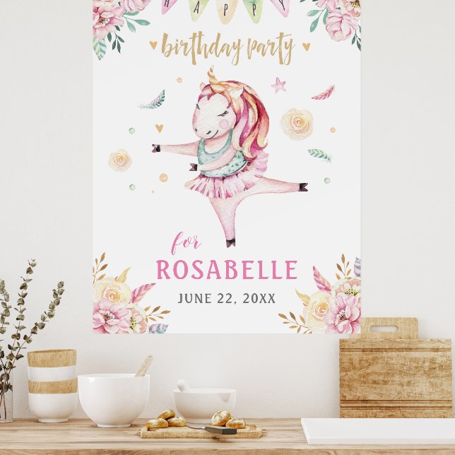Poster Unicorn Ballerina Rose Floral fête d'anniversaire (Cuisine)