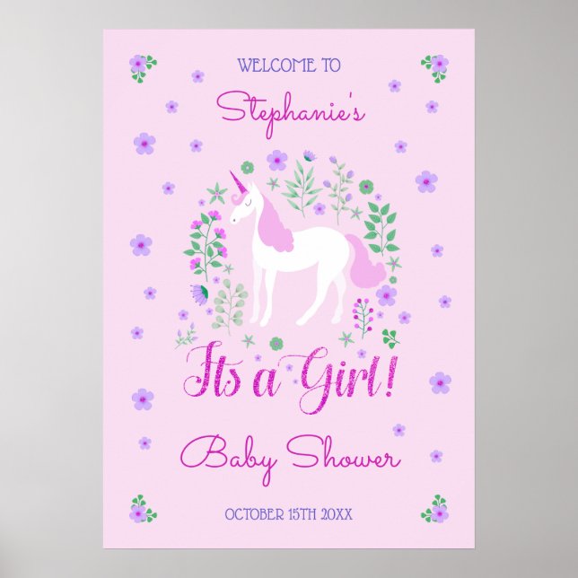 Poster Unicorn C'Est Une Fille Baby shower Rose Personnal (Devant)
