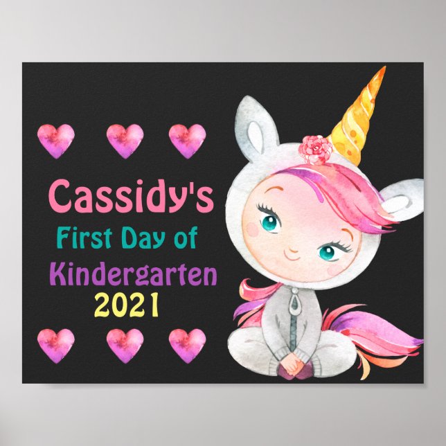 Poster Unicorn Cutie Girl First Day School Chalkboard (Devant)