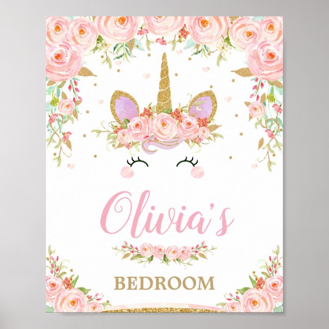 Poster Unicorn Enfants chambre rose floral mur Art (Devant)