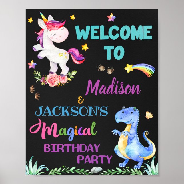 Poster Unicorn et Dinosaur signe de fête de bienvenue Sym (Devant)