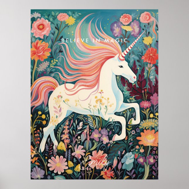 Poster unicorn floral magique croire l'affiche de chambre (Devant)