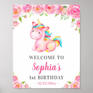 Poster Unicorn Girl 1er Anniversaire Fête rose Bienvenue