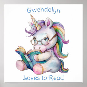 Poster Unicorn Lire un livre mignonne pour Nursery Blue T
