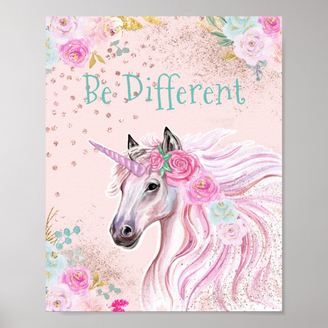 Poster Unicorn rose Turquoise Floral Parties scintillant  (Devant)