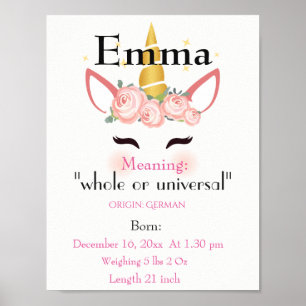 Poster Unicorn themed Name meaning keepsake nursery