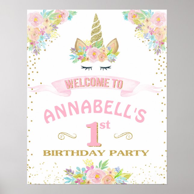 Poster Unicorne 1er Anniversaire Panneau de bienvenue (Devant)