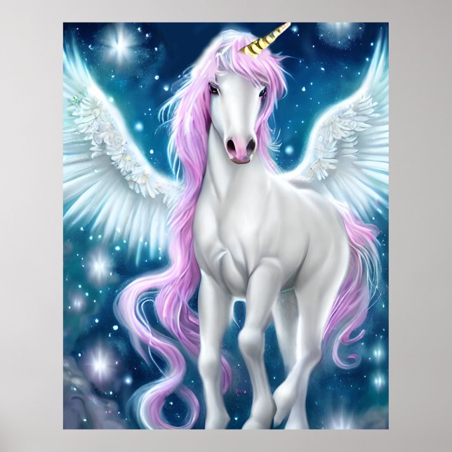 Poster Unicorne aile Imaginaire avec cheveux roses (Devant)