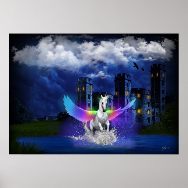 Poster Unicorne avec ailes arc-en-ciel (Devant)