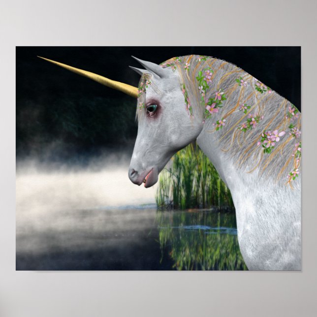Poster Unicorne Blanche Dans L'Art Cheval Imaginaire Mist (Devant)
