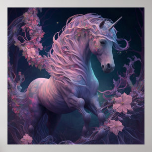 Poster Unicorne de conte de fées enchanteresse en rose
