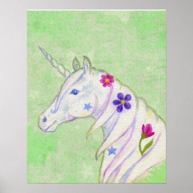 Poster Unicorne de fleurs sur l'impression d'art vert (Devant)