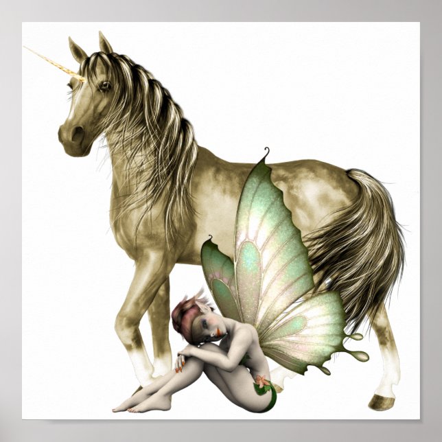 Poster Unicorne d'or et fée timide Imprimer (Devant)