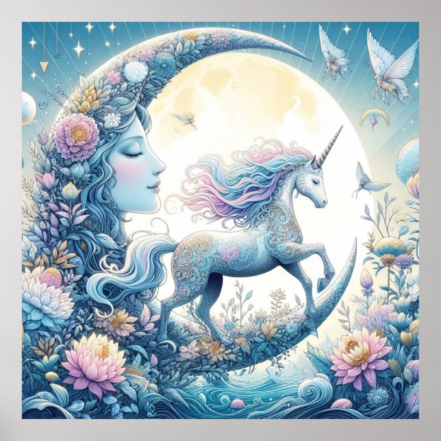 Poster Unicorne Et La Lune (Devant)