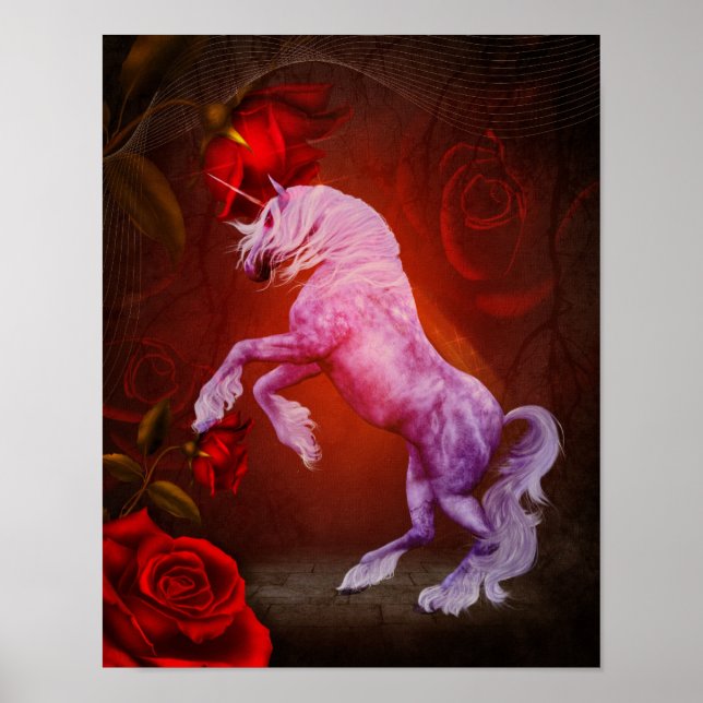 Poster Unicorne Et Roses Rouges Imaginaire Cheval Art (Devant)