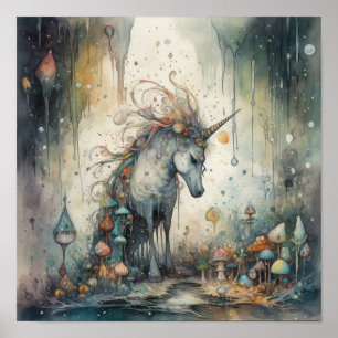 Poster Unicorne éthérique avec champignons mystiques