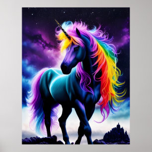 Poster Unicorne foncée avec Mane arc-en-ciel