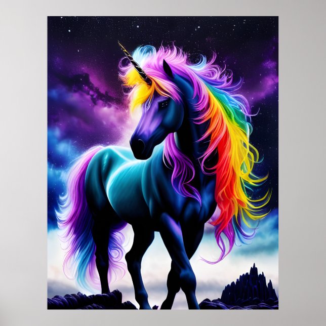 Poster Unicorne foncée avec Mane arc-en-ciel (Devant)