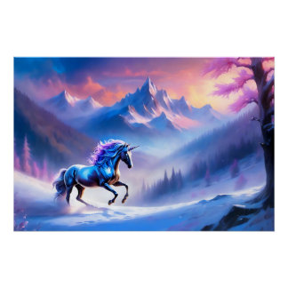 Poster Unicorne noire dans un paysage hivernal rêvé