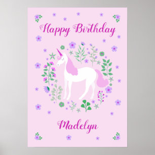 Poster Unicorne rose Joyeux Anniversaire