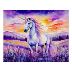 Poster Unicorne sous le soleil couchant vif Ciel arc en c
