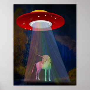 Poster Unicorne sous poutre arc-en-ciel OVNI à la nuit, Z