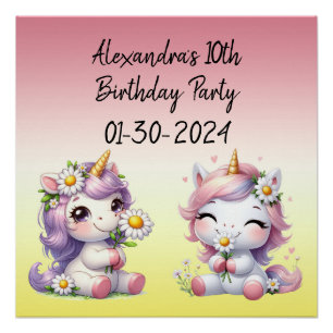 Poster Unicornes et marguerites, fête d'anniversaire enfa