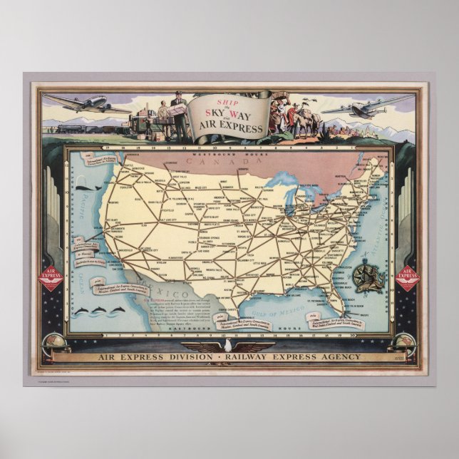 Poster United States Map Ship the Skyway via Air Express (Devant)