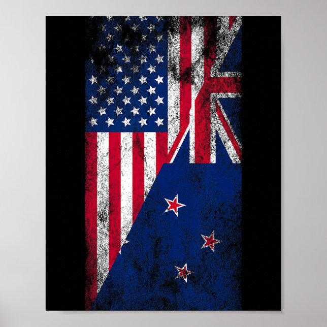 Poster Usa &amp; New Zealand Flags - Us Of America Kiwi,  (Devant)