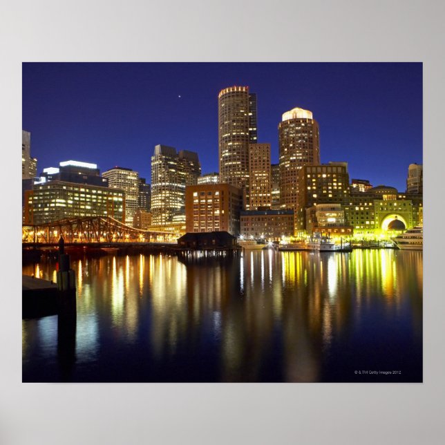 Poster USA, Boston, ville skyline la nuit (longue (Devant)