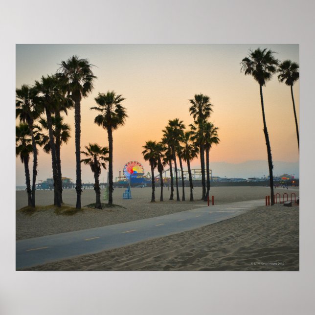 Poster USA, Californie, Père Noël Monica Pier au coucher  (Devant)