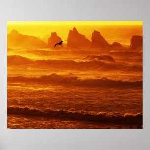 Poster USA, Oregon, Bandon. Coucher de soleil sur les vag