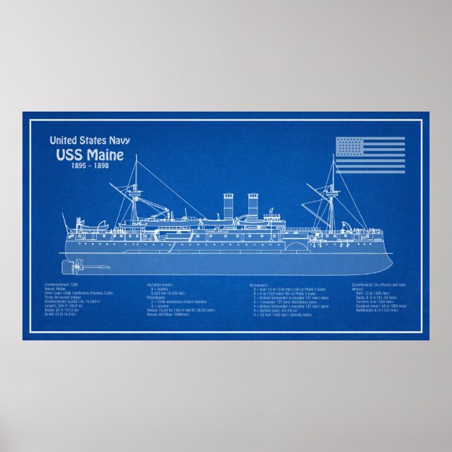 Poster USS Maine - Plan de plan des navires ABD (Devant)