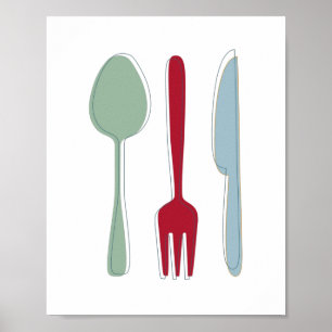 Poster Ustensiles de cuisine Silhouettes colorées Mi-sièc
