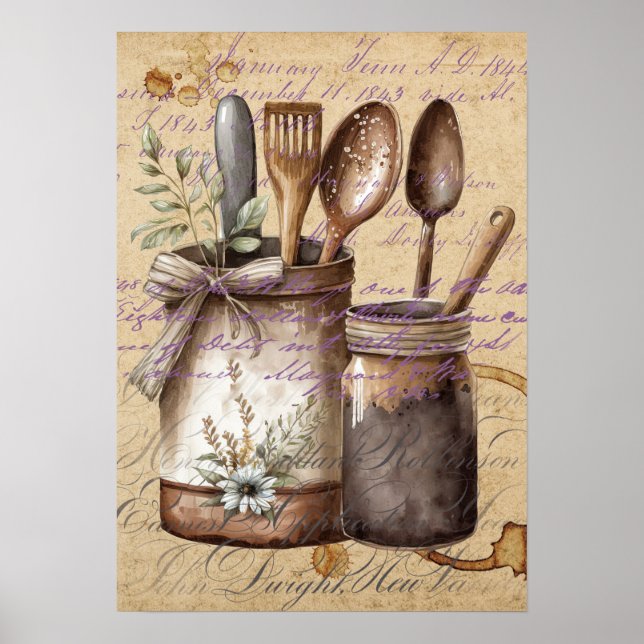 Poster Ustensiles de cuisine vintages d'origine Découpage (Devant)