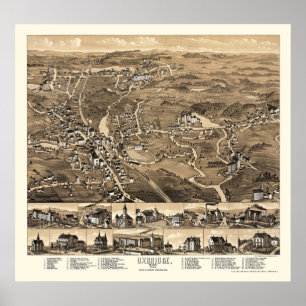 Poster Uxbridge, MA Carte panoramique - 1880