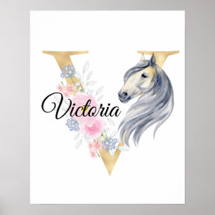 Poster V letter personalized name monogram with horse