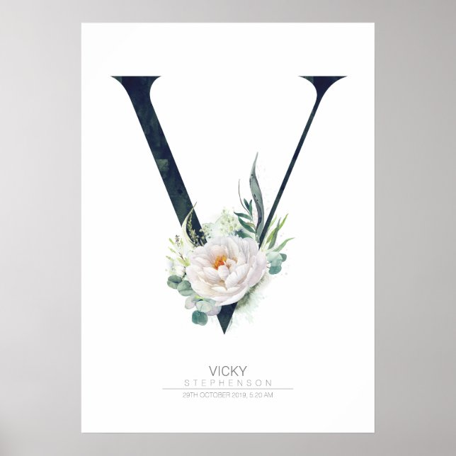 Poster V Lettre Monogramme Fleurs blanches et verdure (Devant)