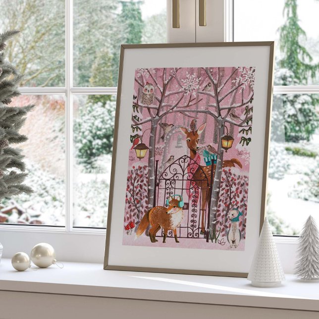 Poster Vacances Animaux Bois d'hiver rose (Cute Pink Winter Woodland Animals Holiday Poster)
