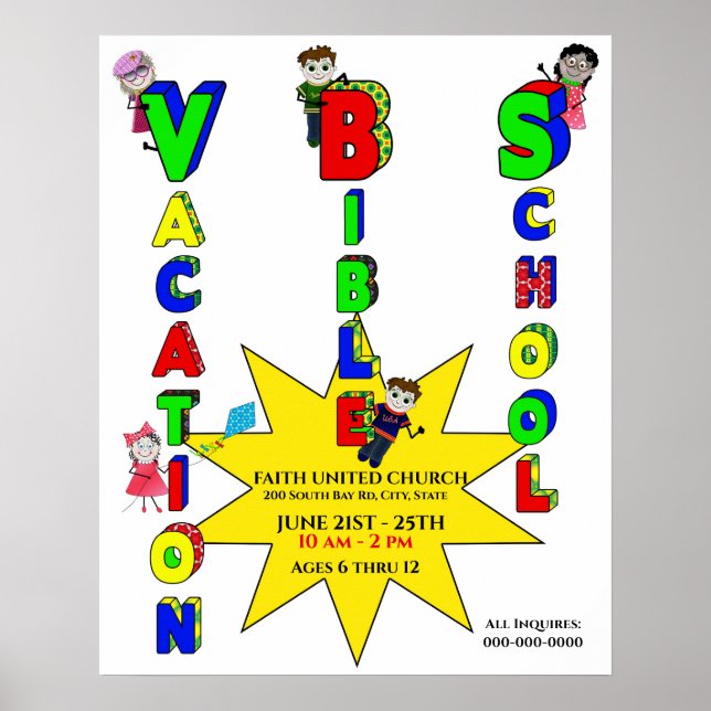 Poster VACANCES BIBLE ÉCOLE Poster, Enfants, Coloré (Devant)