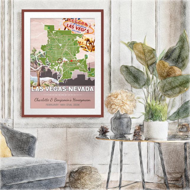 Poster Vacances romantiques lune de miel Las Vegas Nevada (Las Vegas Nevada Romantic Honeymoon Vacation Memories Poster - Sketch Mockup)