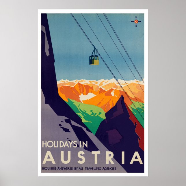 Poster Vacances vintages en Autriche Gondola Alpes (Devant)