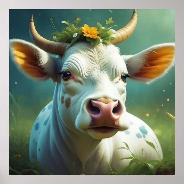 Poster Vache Ai blanche mignonne avec cornes et fleurs (Devant)