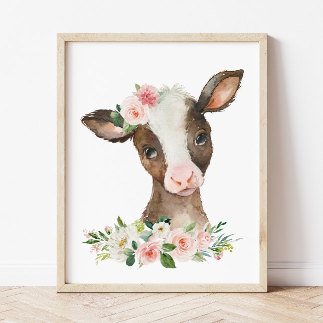 Poster Vache, Animaux De Ferme, Fleurs Roses, Petite Pépi (Créateur téléchargé)