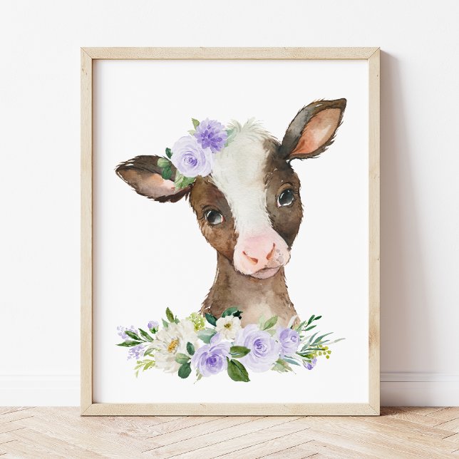 Poster Vache, Animaux de ferme, Fleurs violettes, Neutre  (Créateur téléchargé)