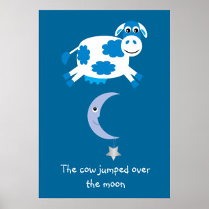 Poster Vache Bleue Mignonne a Sauté par-dessus la Lune