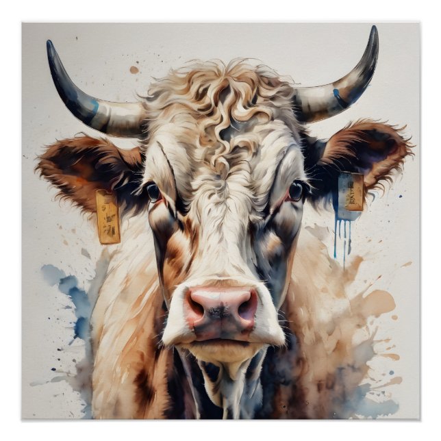 Poster Vache d'aquarelle no 2 (Devant)